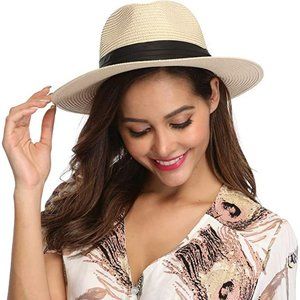 Women's Wide Brim Straw Panama Roll Up Fedora Beach Sun Hat